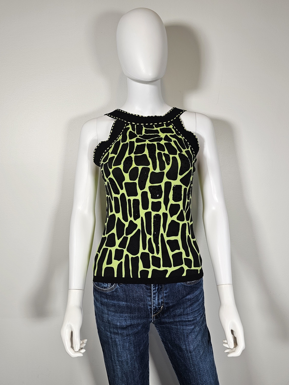 Christine Phillipe Vintage Lime Green and Black Beaded Tank Top Sz S